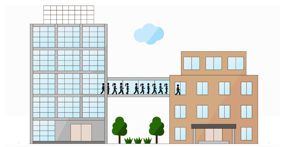 Illustration of team of people leaving a building