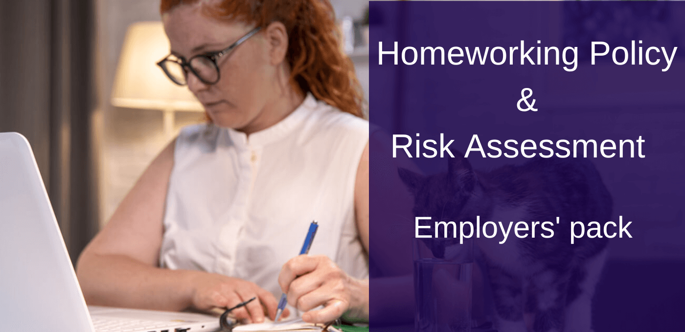 Woman working from home on a laptop with title Homeworking and Risk Assessment Employers pack